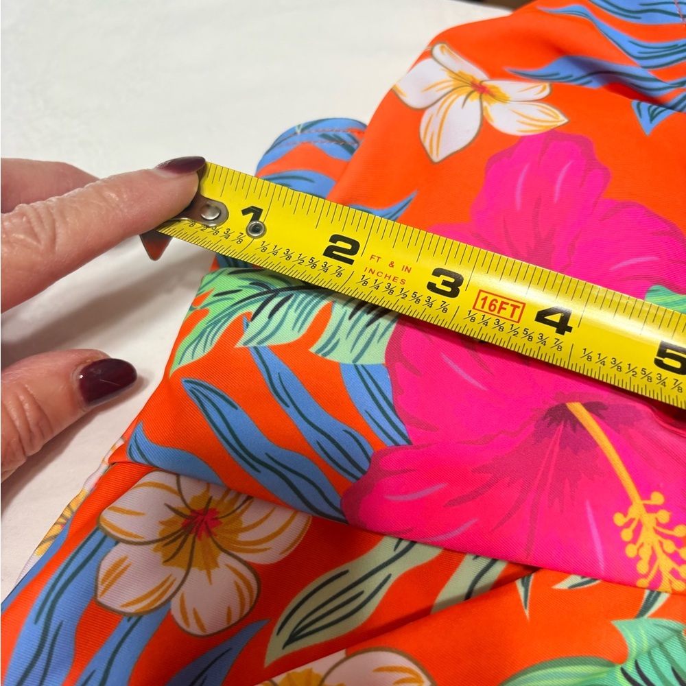 bright orange floral print halter tankini swim top with adjustable side ruching. - Picture 8 of 9